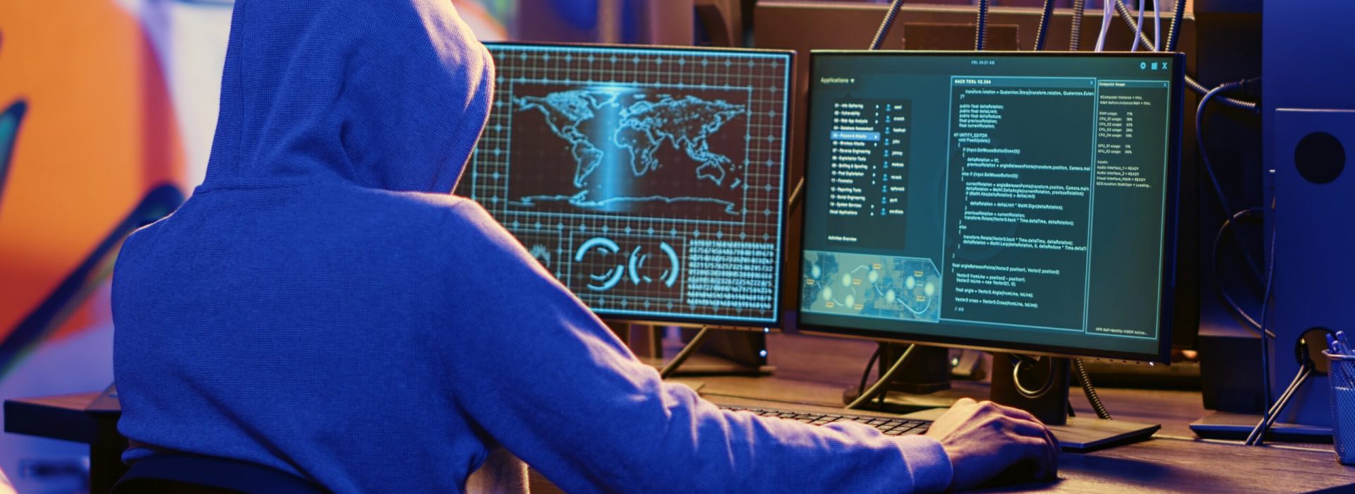 Spy targeting governmental websites Hooded spy in underground hideout trying to steal valuable data by targeting governmental websites with weak security. Espionage specialist doing cyber attacks to gain access to sensitive info